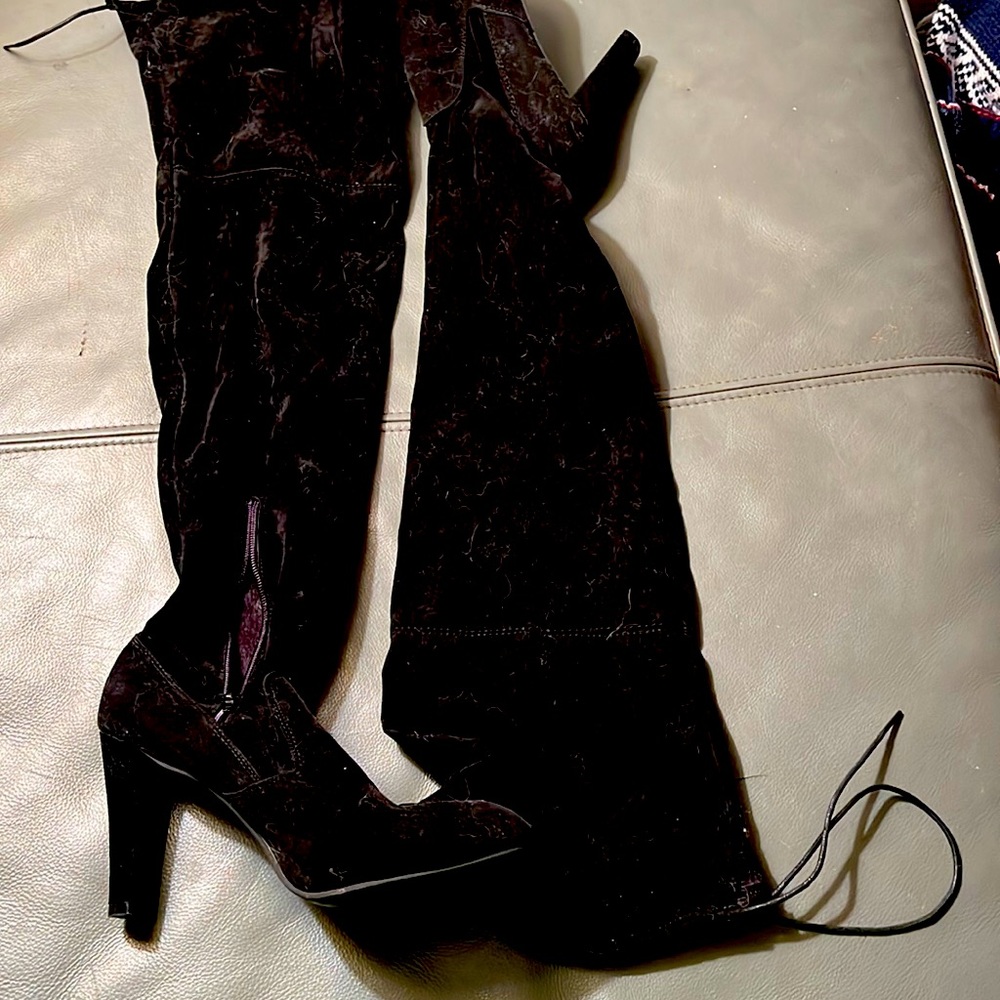 Brand new black velvet 20” heeled knee boots